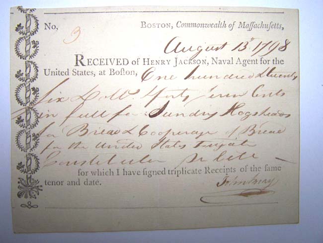 A Rare Receipt for Provisions for the Maiden Voyage of the Frigate U.S.S. CONSTITUTION issued in Boston on August 13, 1798.